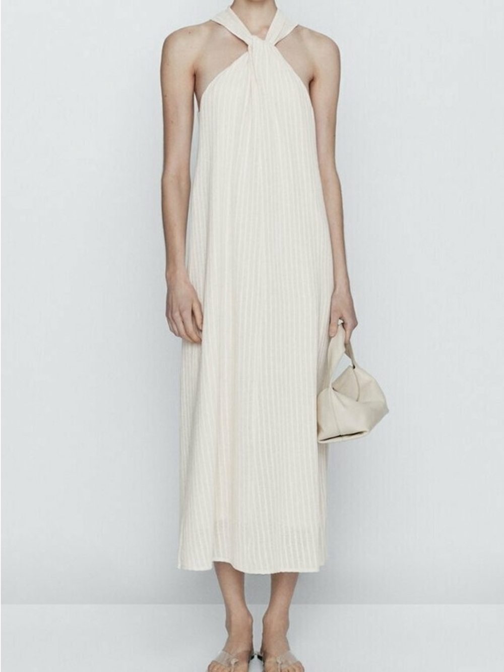 Massimo Dutti Cream Cotton Textured Knit Halter Midi Dress - XS